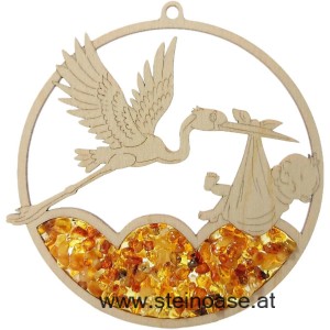 Fensterbild Suncatcher Bernstein - BABY mit STORCH Ø 11cm